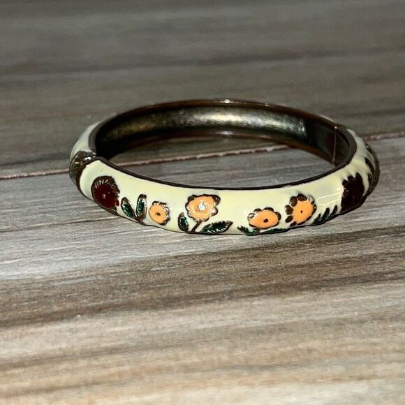 Jewelry - Floral Cloisonné Hinged Bracelet Womens Cream And Multi Colored Cottagecore Boho